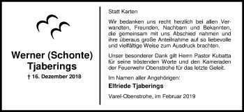Traueranzeige von Werner Tjaberings von Nordwest-Zeitung