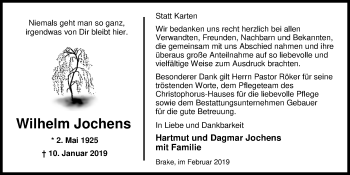 Traueranzeige von Wilhelm Jochens von Nordwest-Zeitung