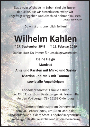 Traueranzeige von Wilhelm Kahlen von Nordwest-Zeitung