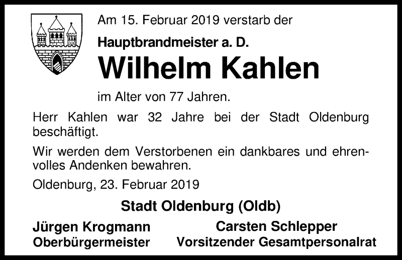  Traueranzeige für Wilhelm Kahlen vom 23.02.2019 aus Nordwest-Zeitung