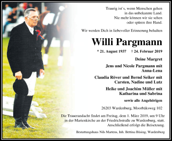 Traueranzeige von Willi Pargmann von Nordwest-Zeitung