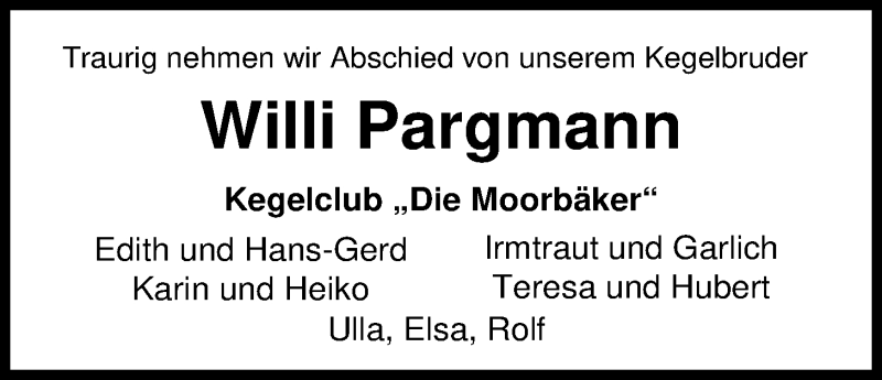  Traueranzeige für Willi Pargmann vom 27.02.2019 aus Nordwest-Zeitung