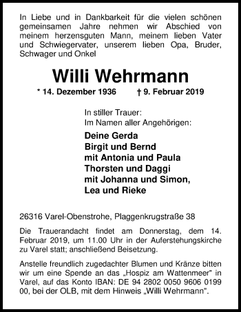Traueranzeige von Willi Wehrmann von Nordwest-Zeitung
