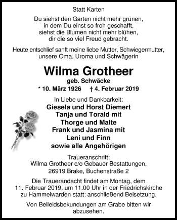 Traueranzeige von Wilma Grotheer von Nordwest-Zeitung