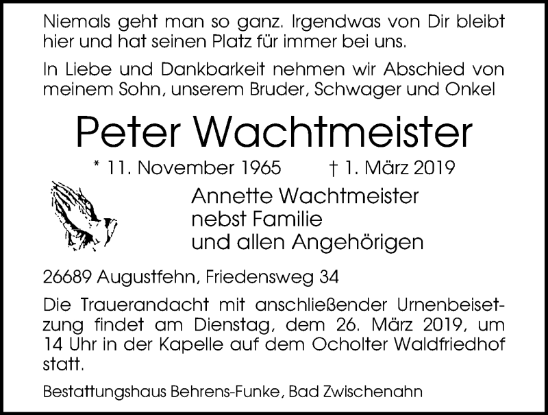  Traueranzeige für Peter Wachtmeister vom 22.03.2019 aus Nordwest-Zeitung