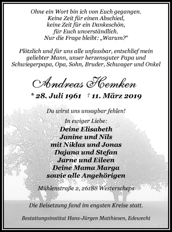 Traueranzeige von Andreas Hemken von Nordwest-Zeitung