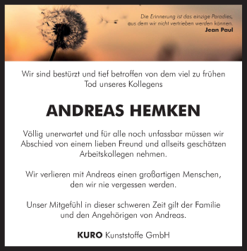Traueranzeige von Andreas Hemken von Nordwest-Zeitung