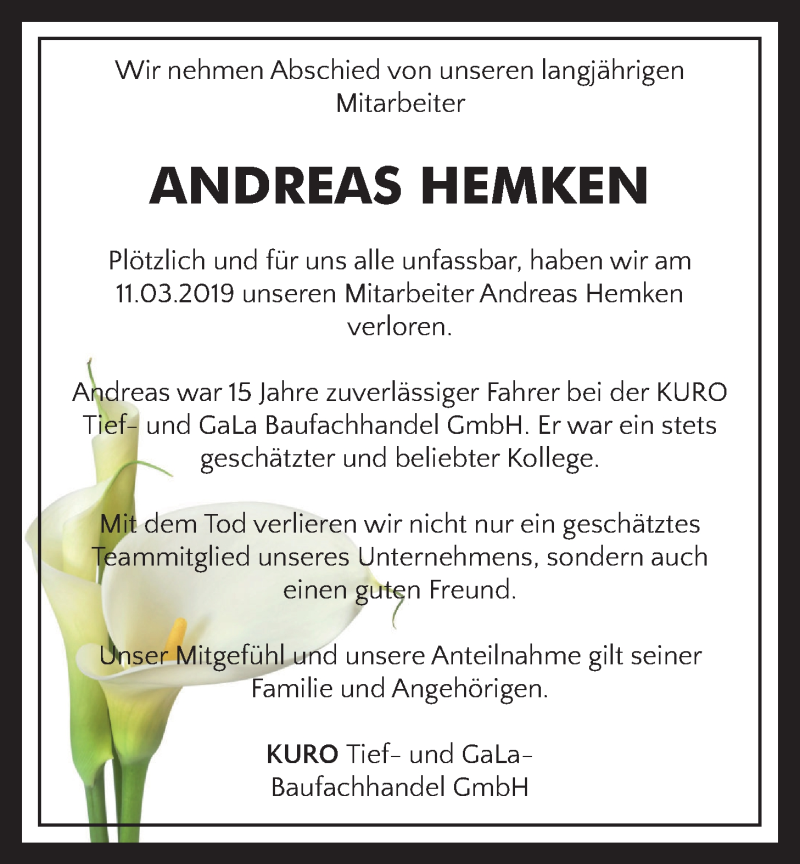  Traueranzeige für Andreas Hemken vom 23.03.2019 aus Nordwest-Zeitung
