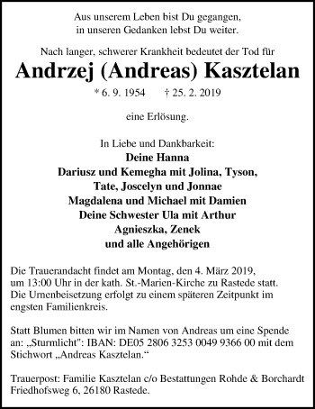 Traueranzeige von Andrzej Kasztelan von Nordwest-Zeitung