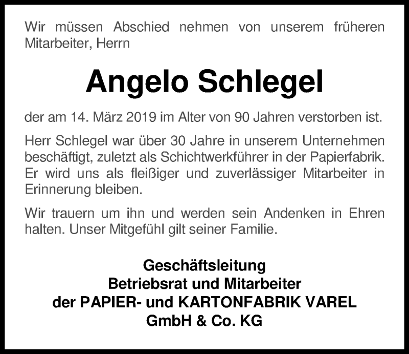  Traueranzeige für Angelo Schlegel vom 16.03.2019 aus Nordwest-Zeitung