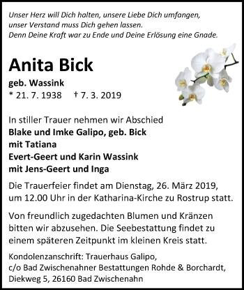 Traueranzeige von Anita Bick von Nordwest-Zeitung
