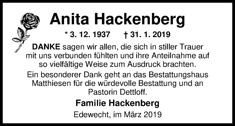  Traueranzeige für Anita Hackenberg vom 09.03.2019 aus Nordwest-Zeitung