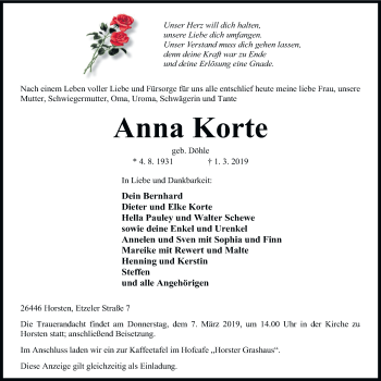 Traueranzeige von Anna Korte von Nordwest-Zeitung