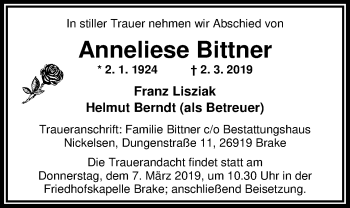 Traueranzeige von Anneliese Bittner von Nordwest-Zeitung