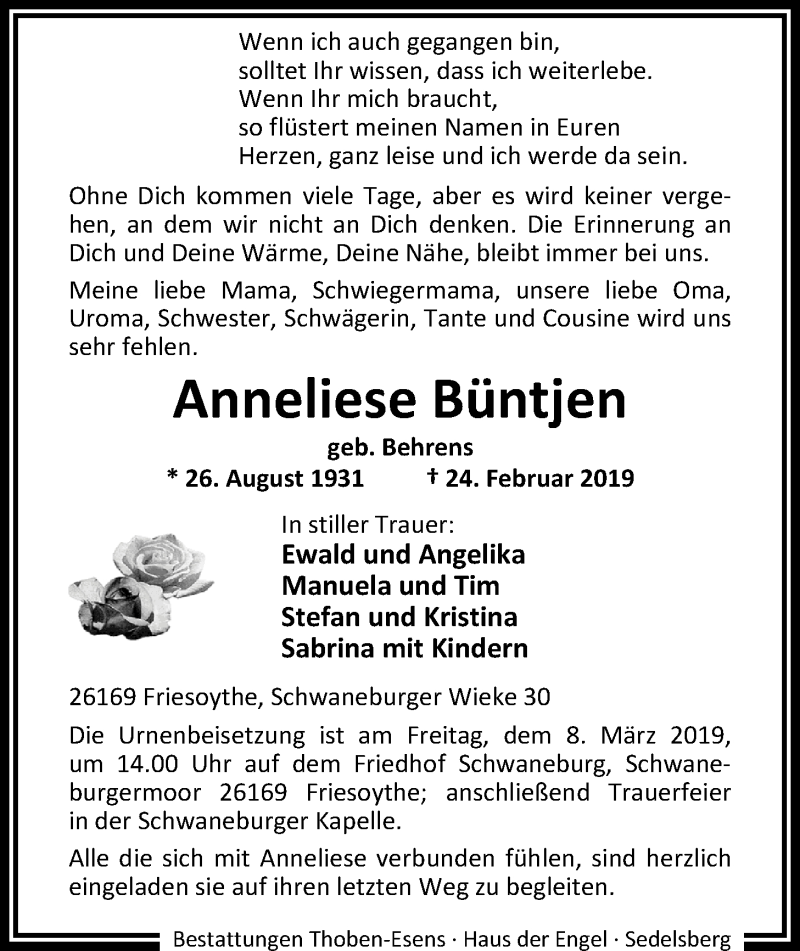  Traueranzeige für Anneliese Büntjen vom 07.03.2019 aus Nordwest-Zeitung