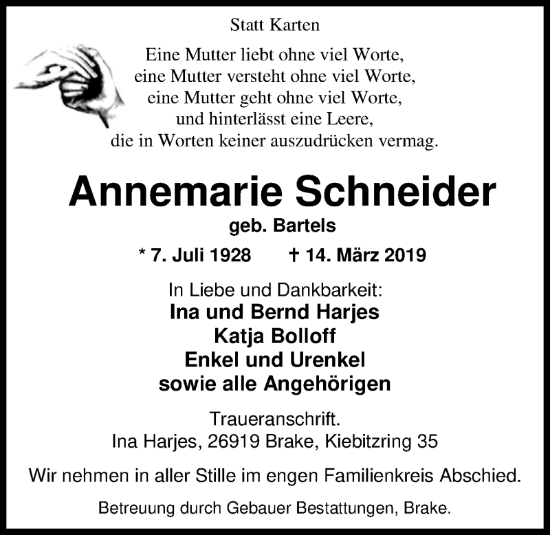  Traueranzeige für Annemarie Schneider vom 19.03.2019 aus Nordwest-Zeitung