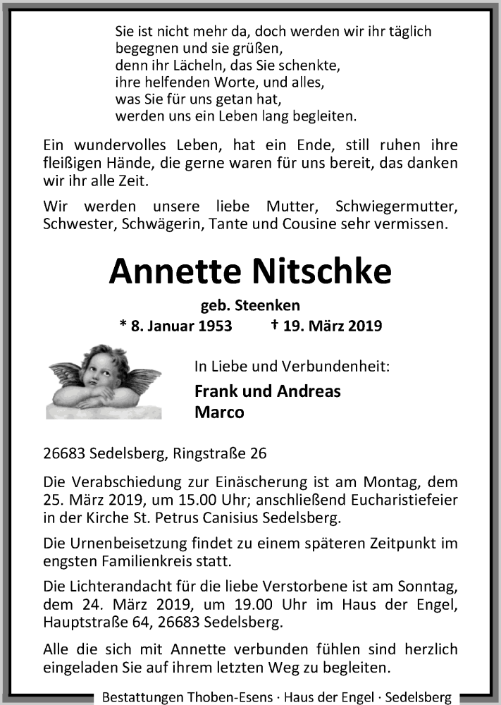  Traueranzeige für Annette Nitschke vom 22.03.2019 aus Nordwest-Zeitung