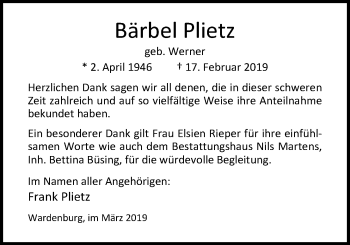 Traueranzeige von Barbara Plietz von Nordwest-Zeitung