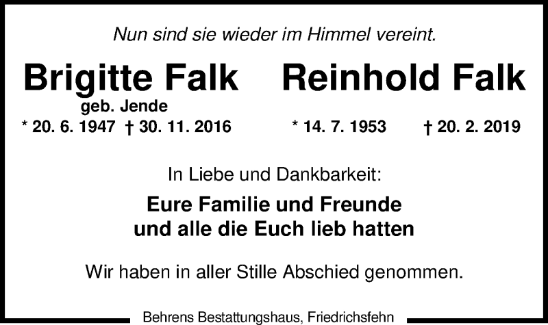  Traueranzeige für Brigitte Falk vom 01.03.2019 aus Nordwest-Zeitung
