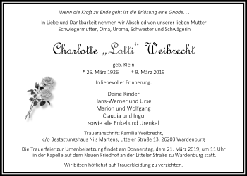 Traueranzeige von Charlotte Weibrecht von Nordwest-Zeitung