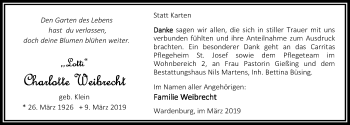 Traueranzeige von Charlotte Weibrecht von Nordwest-Zeitung