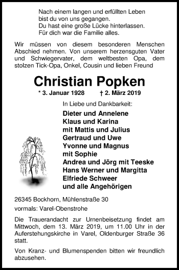 Traueranzeige von Christian Popken von Nordwest-Zeitung