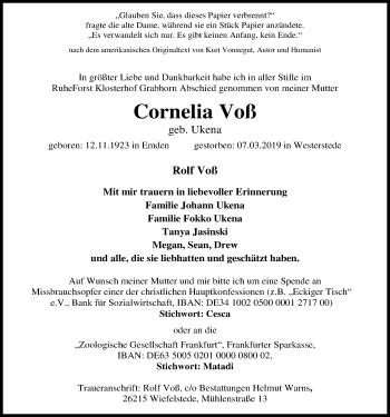 Traueranzeige von Cornelia Voß von Nordwest-Zeitung
