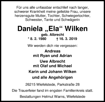 Traueranzeige von Daniela (Ela) Wilken von Nordwest-Zeitung