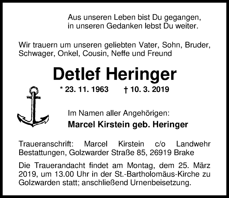  Traueranzeige für Detlef Heringer vom 20.03.2019 aus Nordwest-Zeitung