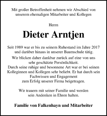 Traueranzeige von Dieter Arntjen von Nordwest-Zeitung