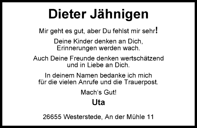  Traueranzeige für Dieter Jähnigen vom 07.03.2019 aus Nordwest-Zeitung