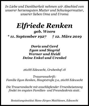 Traueranzeige von Elfriede Renken von Nordwest-Zeitung