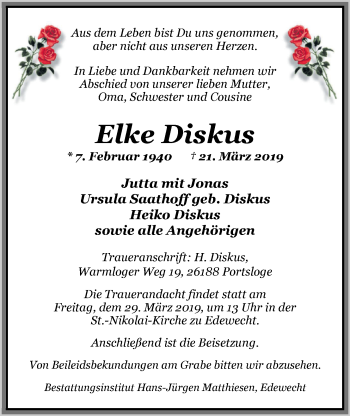 Traueranzeige von Elke Diskus von Nordwest-Zeitung