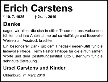 Traueranzeige von Erich Carstens von Nordwest-Zeitung