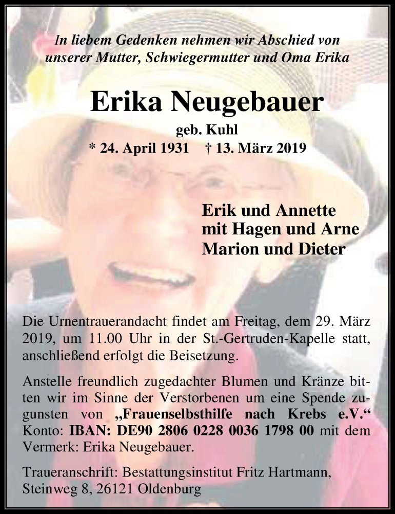  Traueranzeige für Erika Neugebauer vom 23.03.2019 aus Nordwest-Zeitung