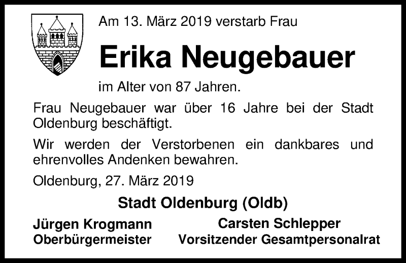  Traueranzeige für Erika Neugebauer vom 27.03.2019 aus Nordwest-Zeitung