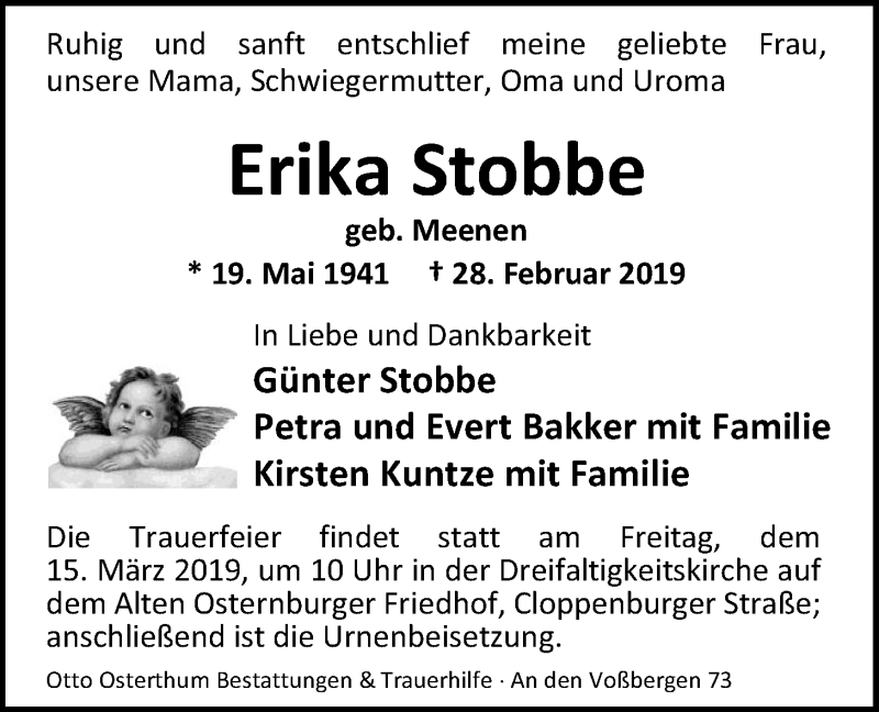  Traueranzeige für Erika Stobbe vom 08.03.2019 aus Nordwest-Zeitung