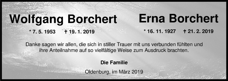  Traueranzeige für Erna Borchert vom 16.03.2019 aus Nordwest-Zeitung