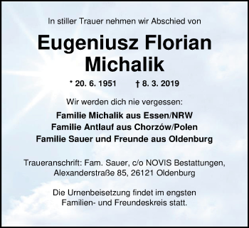 Traueranzeige von Eugeniusz Florian Michalik von Nordwest-Zeitung