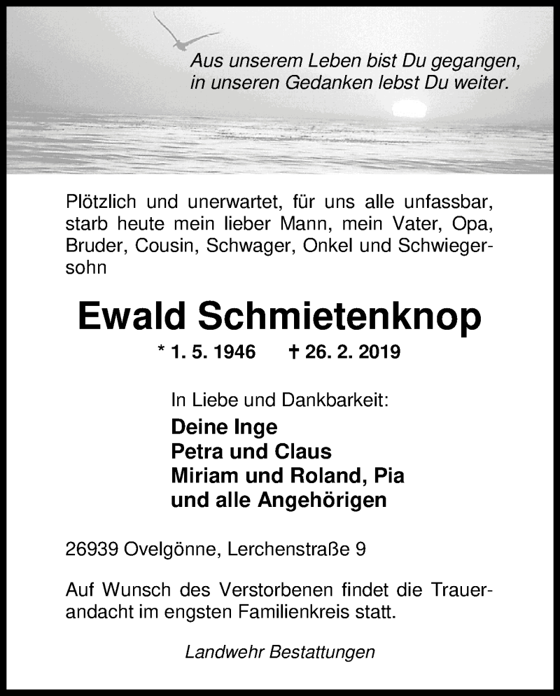  Traueranzeige für Ewald Schmietenknop vom 01.03.2019 aus Nordwest-Zeitung