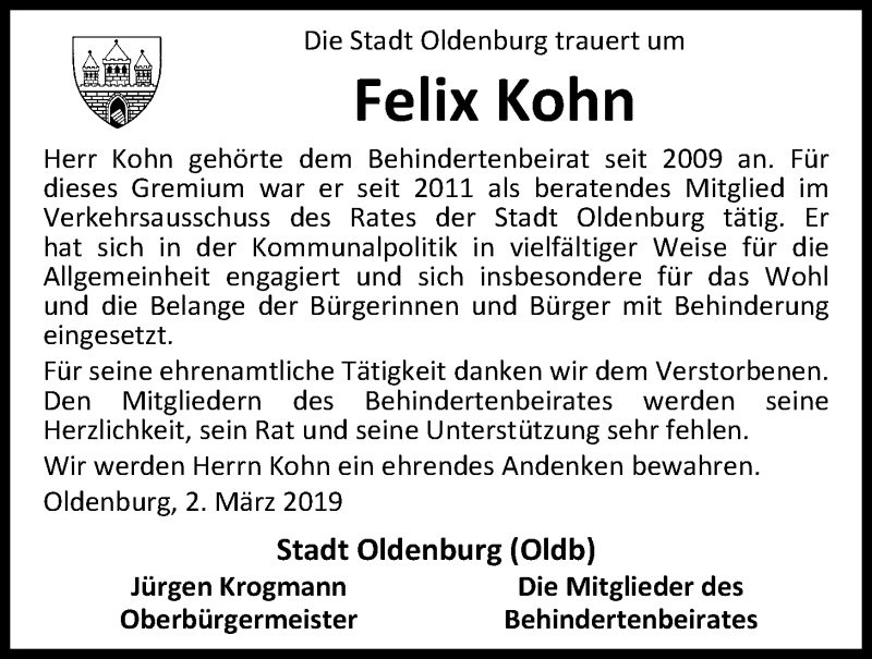  Traueranzeige für Felix Kohn vom 02.03.2019 aus Nordwest-Zeitung
