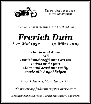 Traueranzeige von Frerich Duin von Nordwest-Zeitung