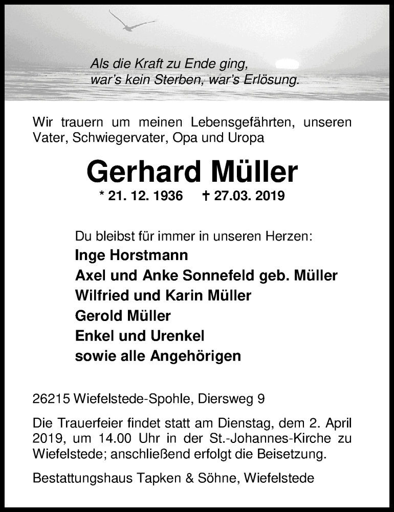  Traueranzeige für Gerhard Müller vom 30.03.2019 aus Nordwest-Zeitung