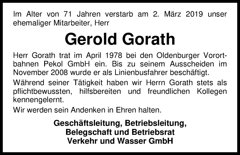  Traueranzeige für Gerold Gorath vom 06.03.2019 aus Nordwest-Zeitung