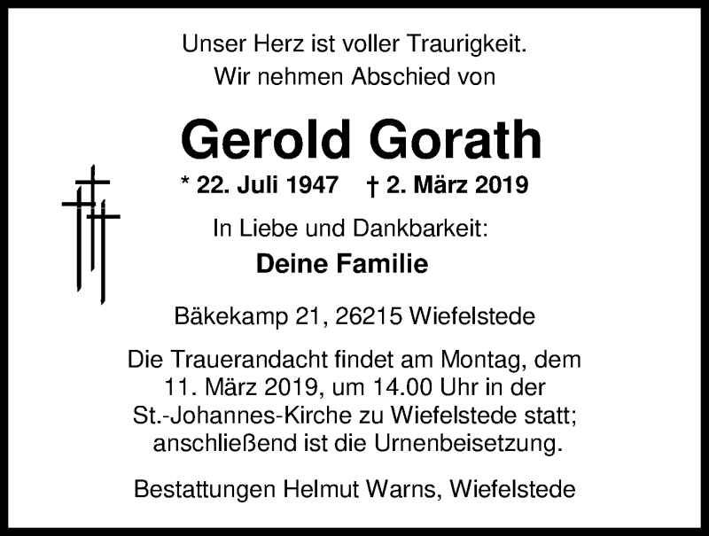  Traueranzeige für Gerold Gorath vom 05.03.2019 aus Nordwest-Zeitung