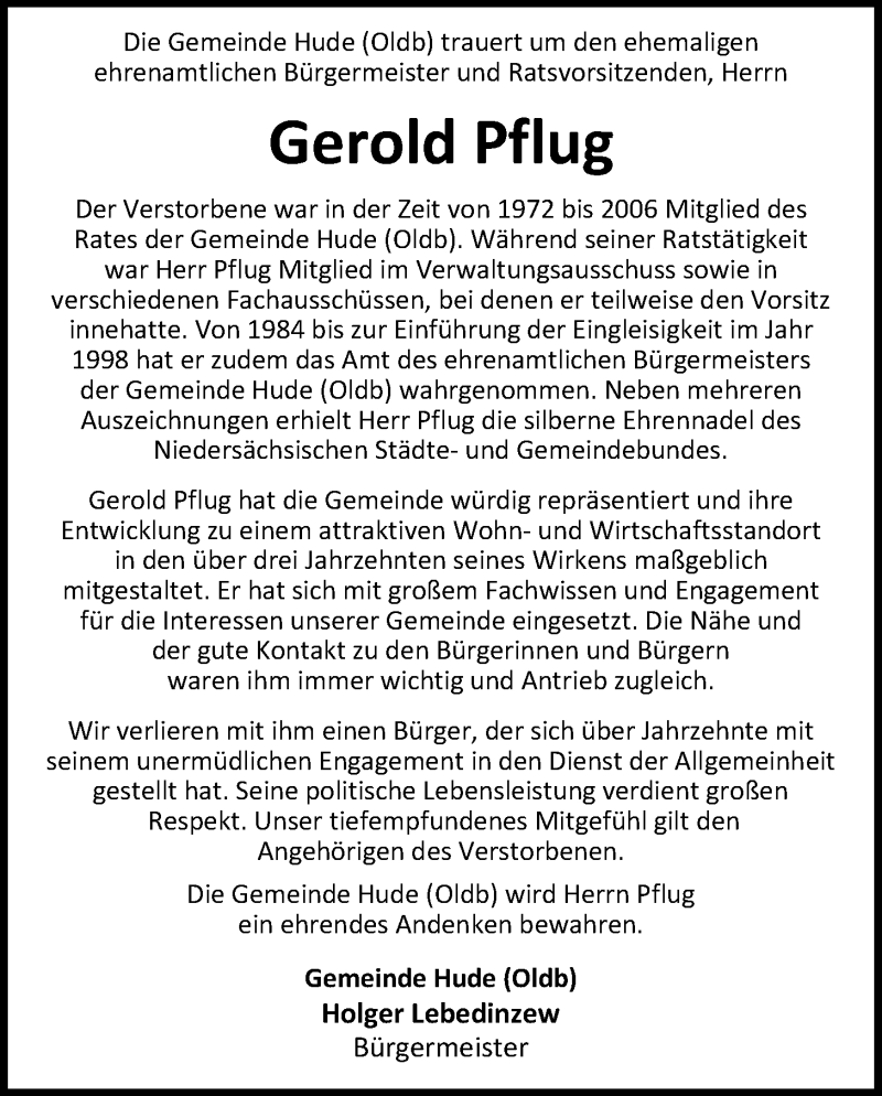  Traueranzeige für Gerold Pflug vom 05.03.2019 aus Nordwest-Zeitung