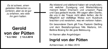 Traueranzeige von Gerold von der Pütten von Nordwest-Zeitung