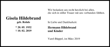 Traueranzeige von Gisela Hildebrand von Nordwest-Zeitung