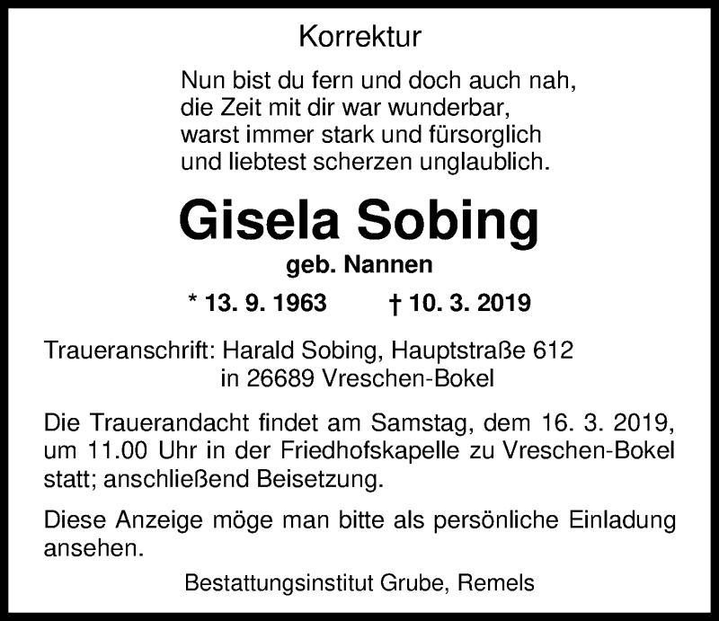  Traueranzeige für Gisela Sobing vom 14.03.2019 aus Nordwest-Zeitung