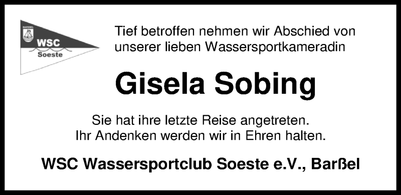  Traueranzeige für Gisela Sobing vom 13.03.2019 aus Nordwest-Zeitung